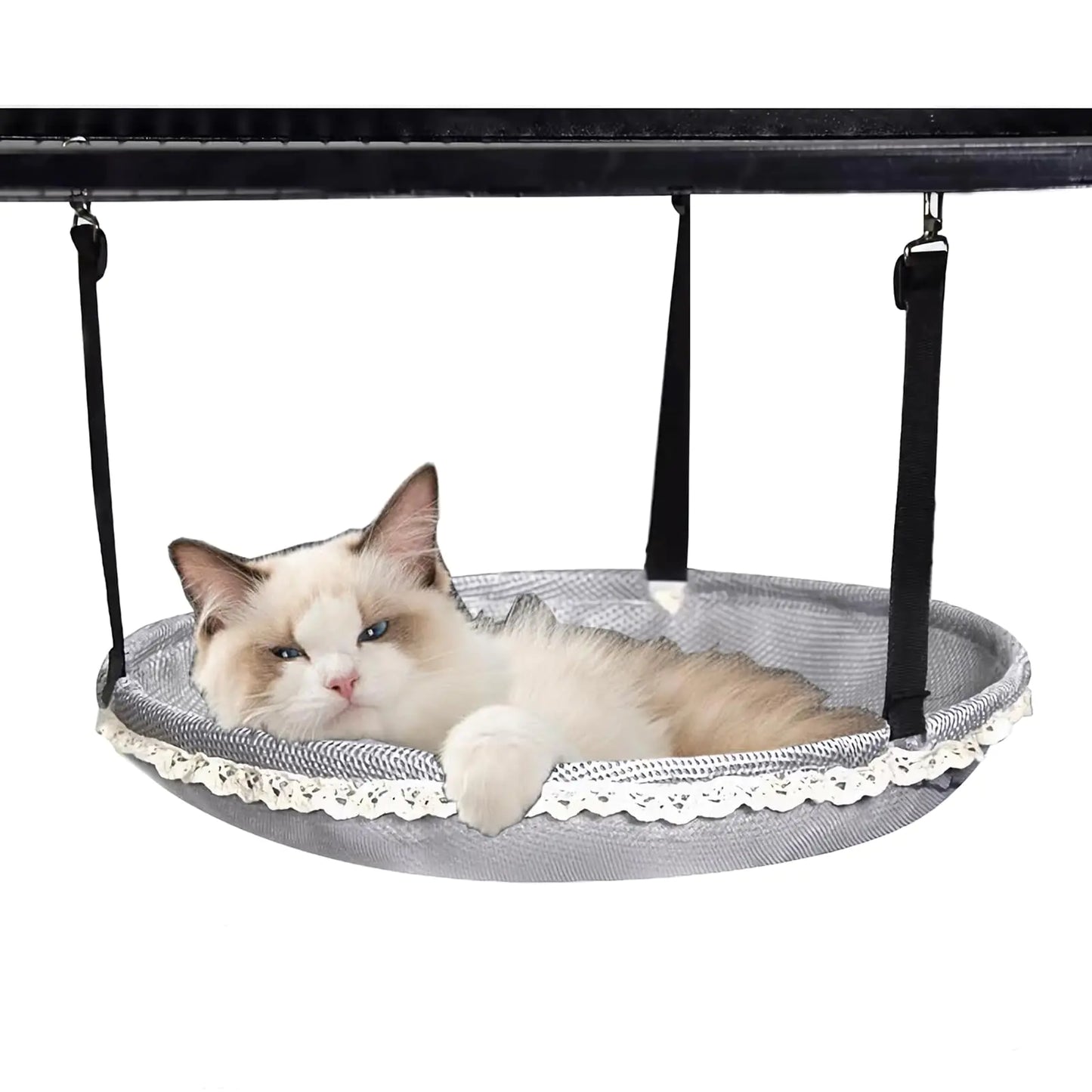 Cat Hammock 14" Dia Cat Tree Catio Accessories for Cage Indoor/Outdoor Steel Frame Adds Stability to Cat Swing Cute Kitty Pet Dog Ferret Bed with Lace Trim Breathable Mesh Hammocks Easy Hanging