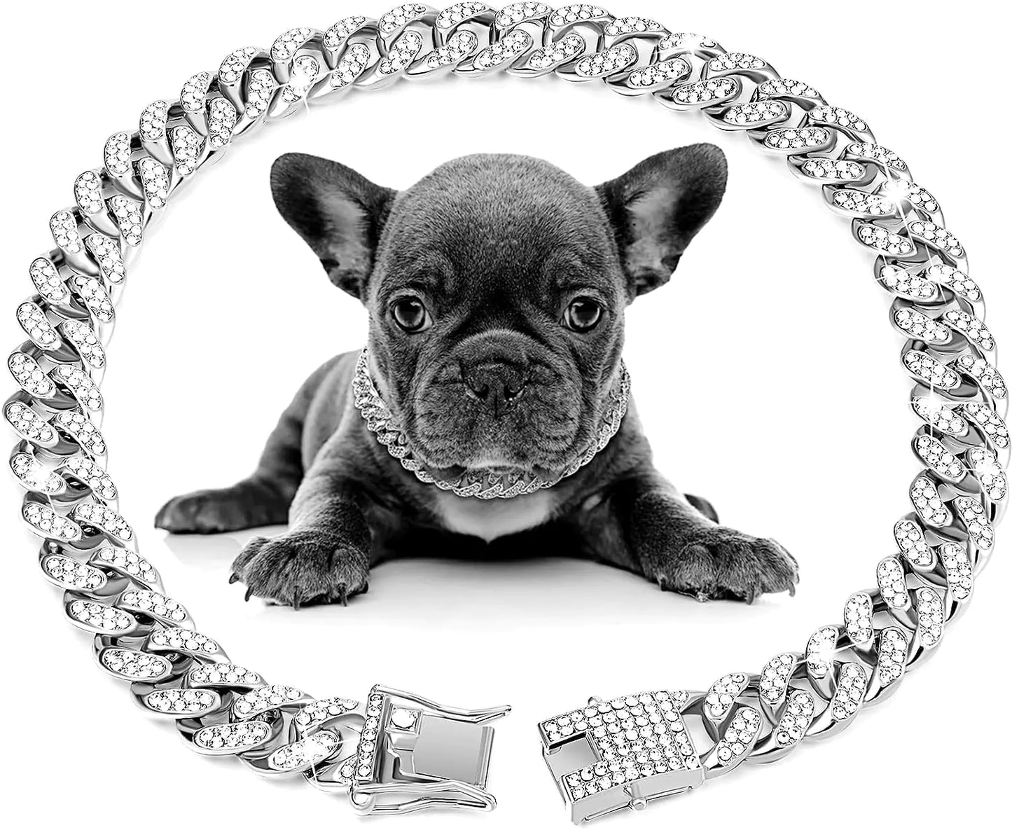 Bbmmayy Dog Chain Diamond Collar Walking Metal Chain Collar with Design Secure Buckle Pet Collar Jewelry Accessories for Small Medium Large Dogs Cats (Silver 8 Inch)