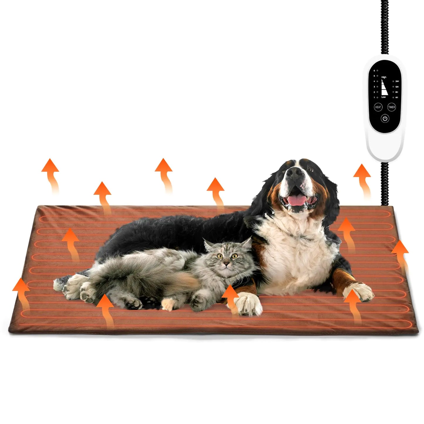 TURBRO 48x28” XX-Large Pet Heating Pad Electric Heated Dog Bed for Large Breeds Temperature and Timer Control Anti-Bite Cord Ultra-Soft and Anti-Slip Cover Indoor Use MET Certified Brown