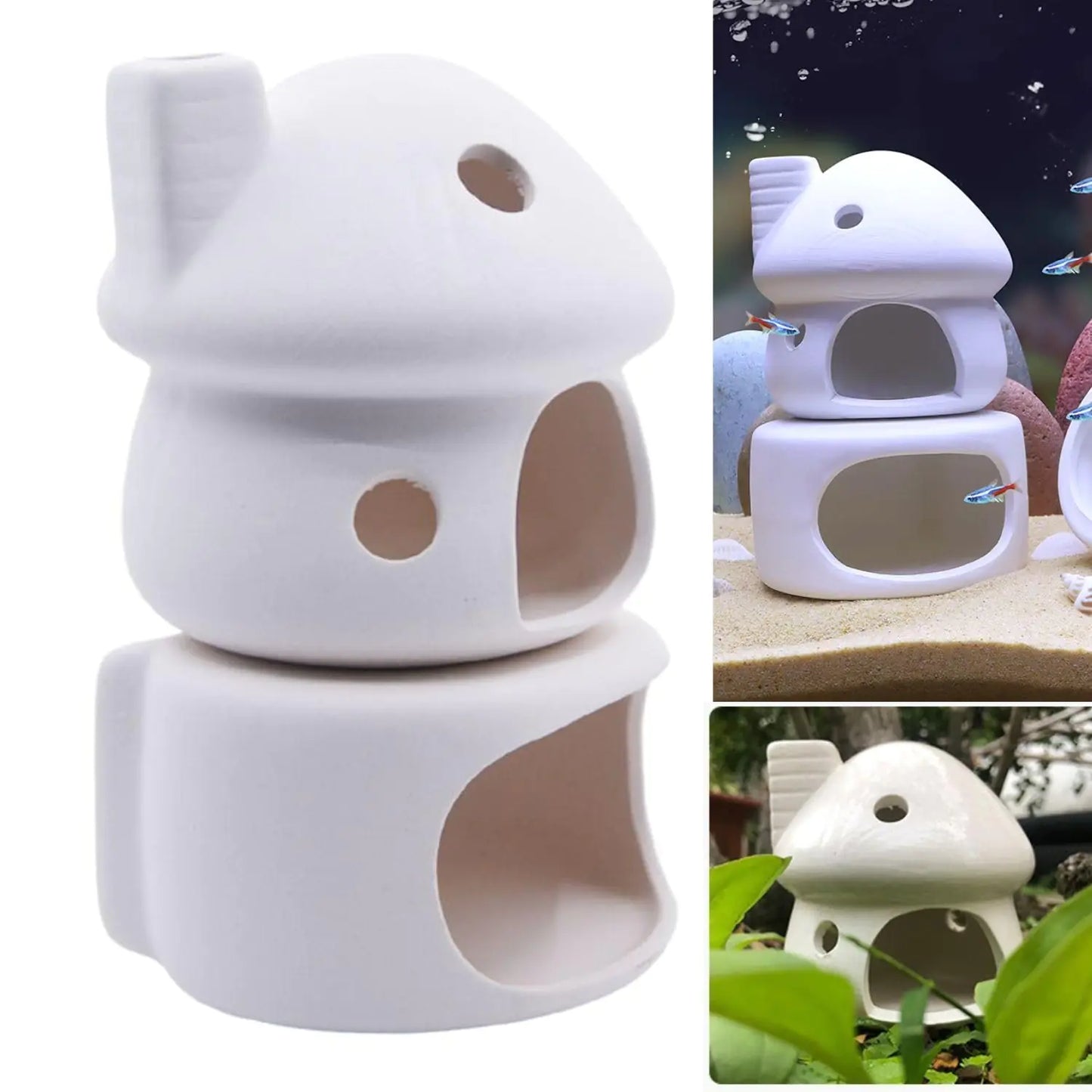 Saim Aquarium Mushroom House Decorations with Betta Fish Cave Ceramic Cichlid Caves for Aquarium Fish Tank Decoration Syrian Hamster Goldfishes to Rest - White