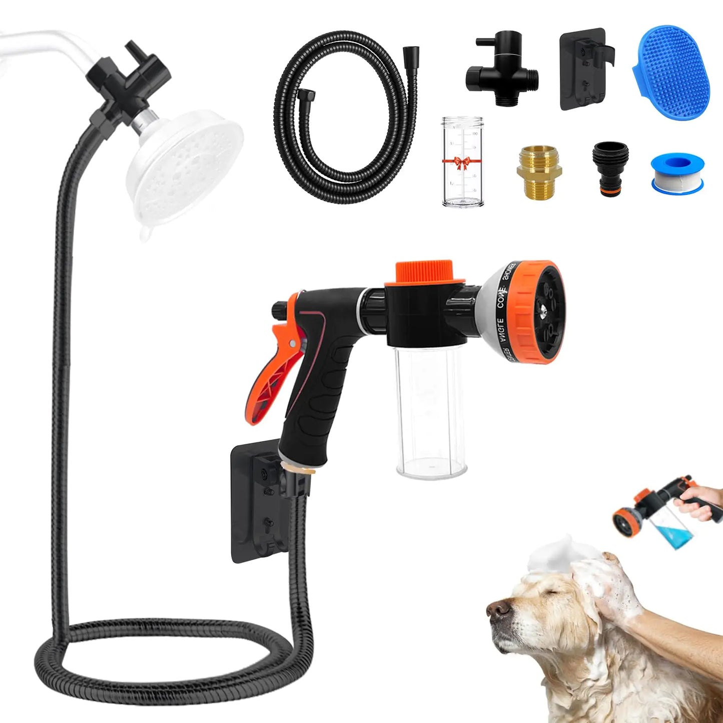 Dog Washing Hose Attachment for Pet Bathing with Black Shower Diverter Pup Dog Wash Hose Nozzle Shampoo Sprayer for Indoor Outdoor Pet Shower Dog Shower Attachment with Dog Brush