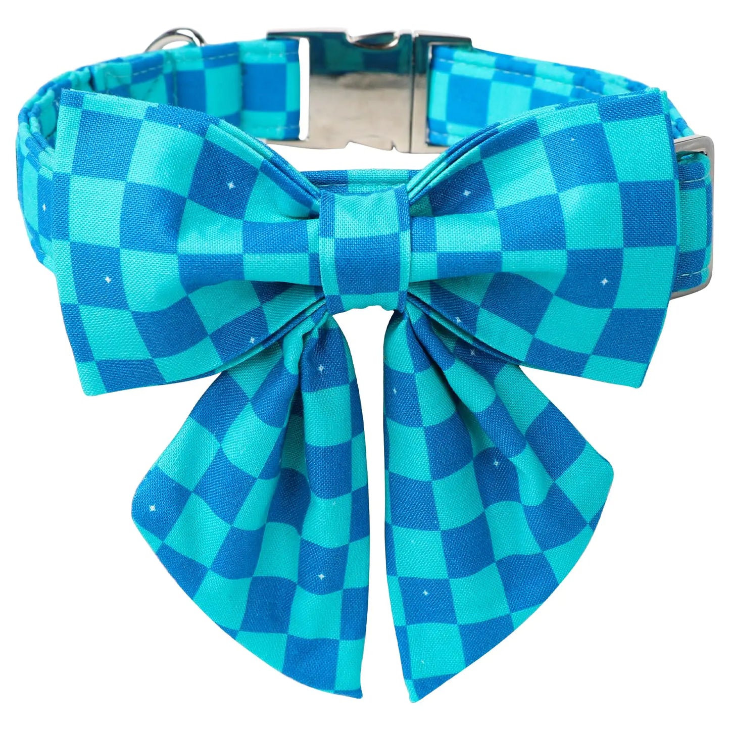 Maca Bates Plaid Blue Dog Collar with Checkered Bow Bowtie for Grid Dogs Bows Tie Adjustable Breakaway Collars Birthday Gift Colar for Small Medium Large XL Girl Boy Male Female Puppy Pets