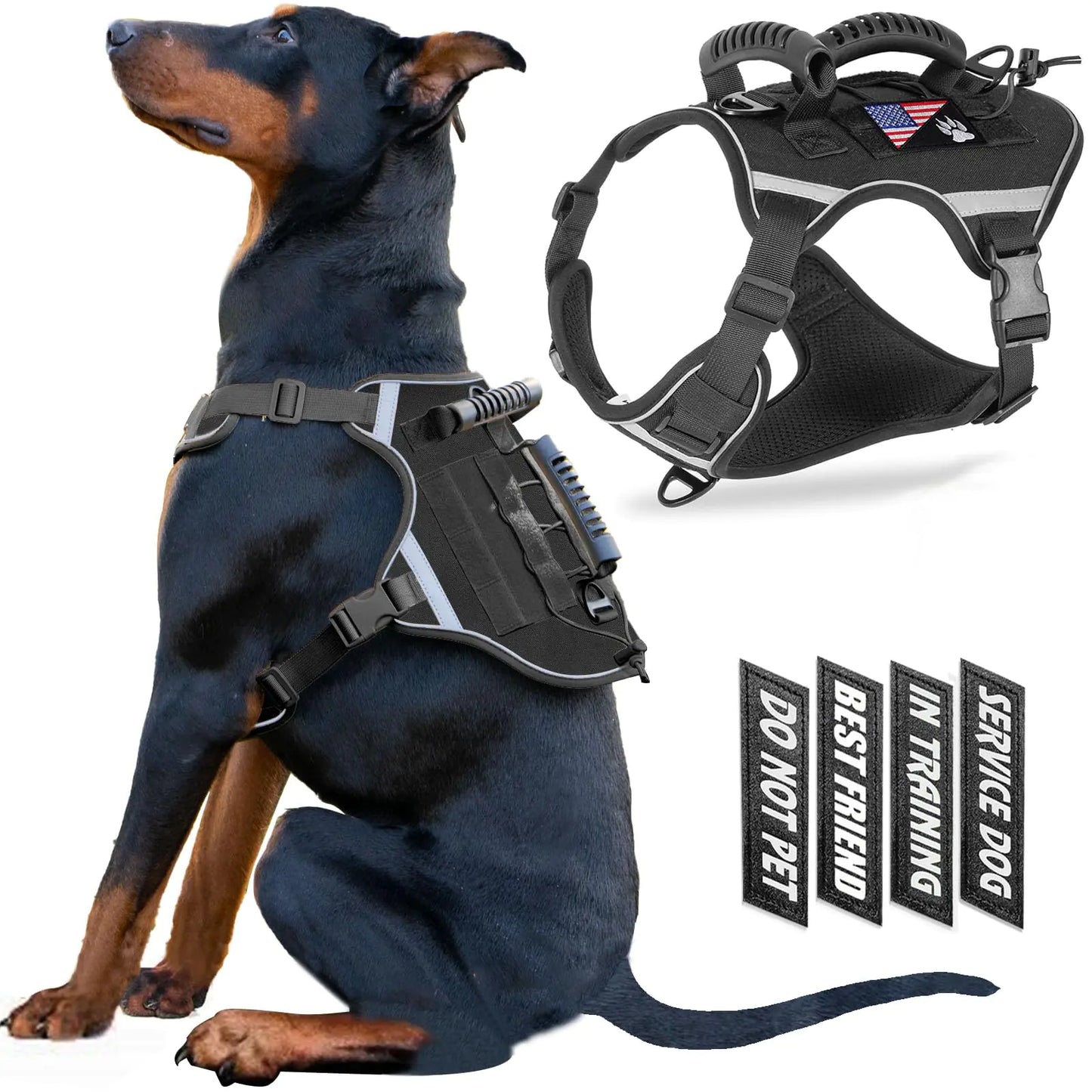 Elpdem Tactical Dog VestHarness for Medium Small Dogs Reflective No Pull Adjustable Pet Harness Walking Training RunningEasy Control Pet Vest for Military Use Service Dog Harnesses(BlackS)