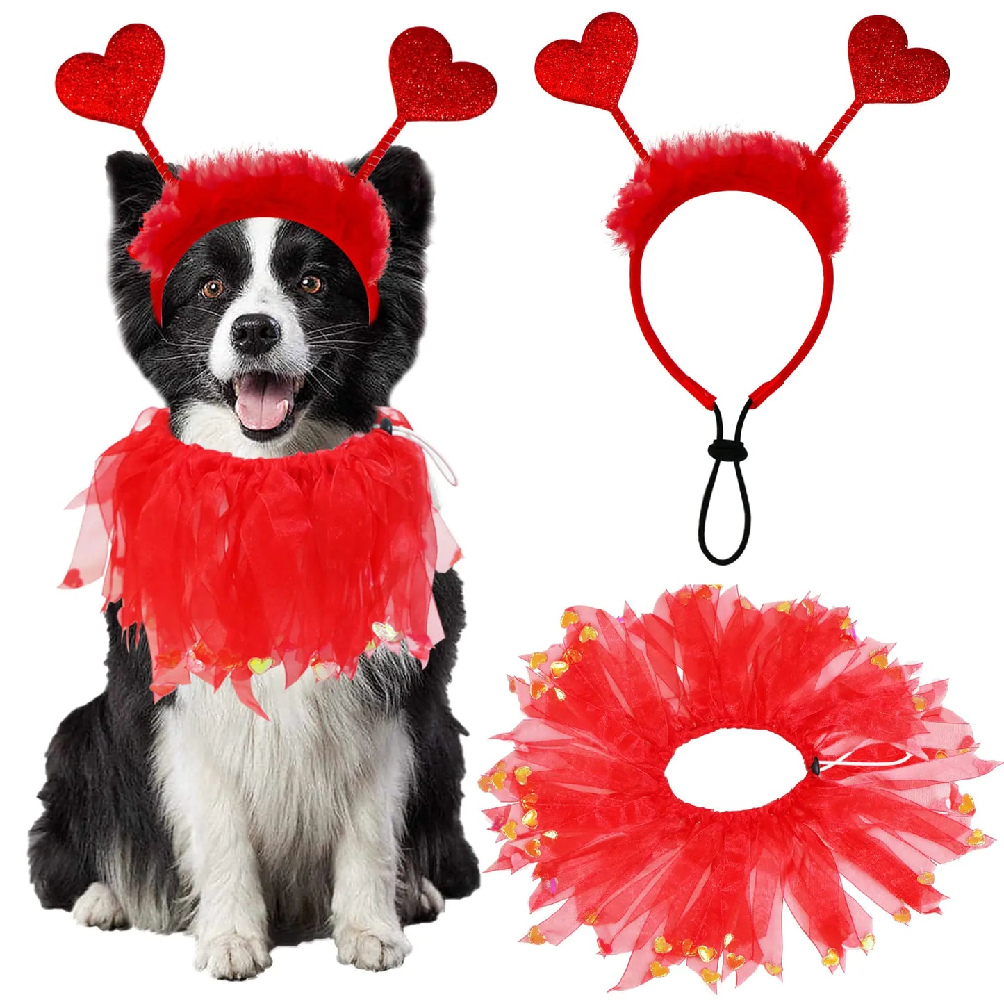GOYOSWA Dog Valentines Outfit Dog Valentines Day Clothes Red Glitter Hearts Dog Headband Dog Collar with Red Ribbons Holiday Costumes for Small Medium Large Dogs