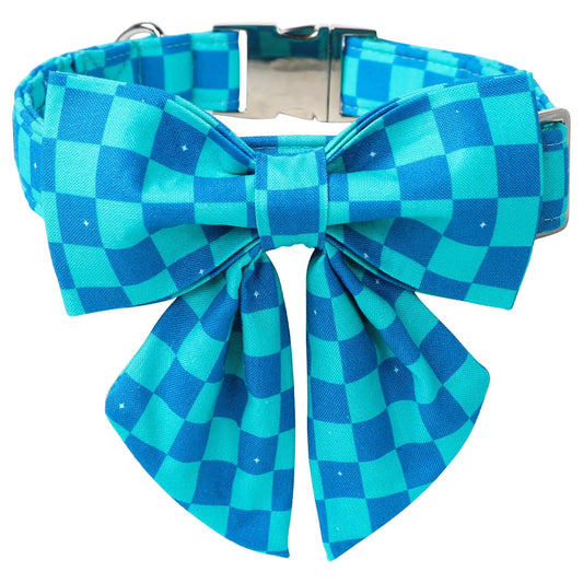 Maca Bates Plaid Blue Dog Collar with Checkered Bow Bowtie for Grid Dogs Bows Tie Adjustable Breakaway Collars Birthday Gift Colar for Small Medium Large XL Girl Boy Male Female Puppy Pets
