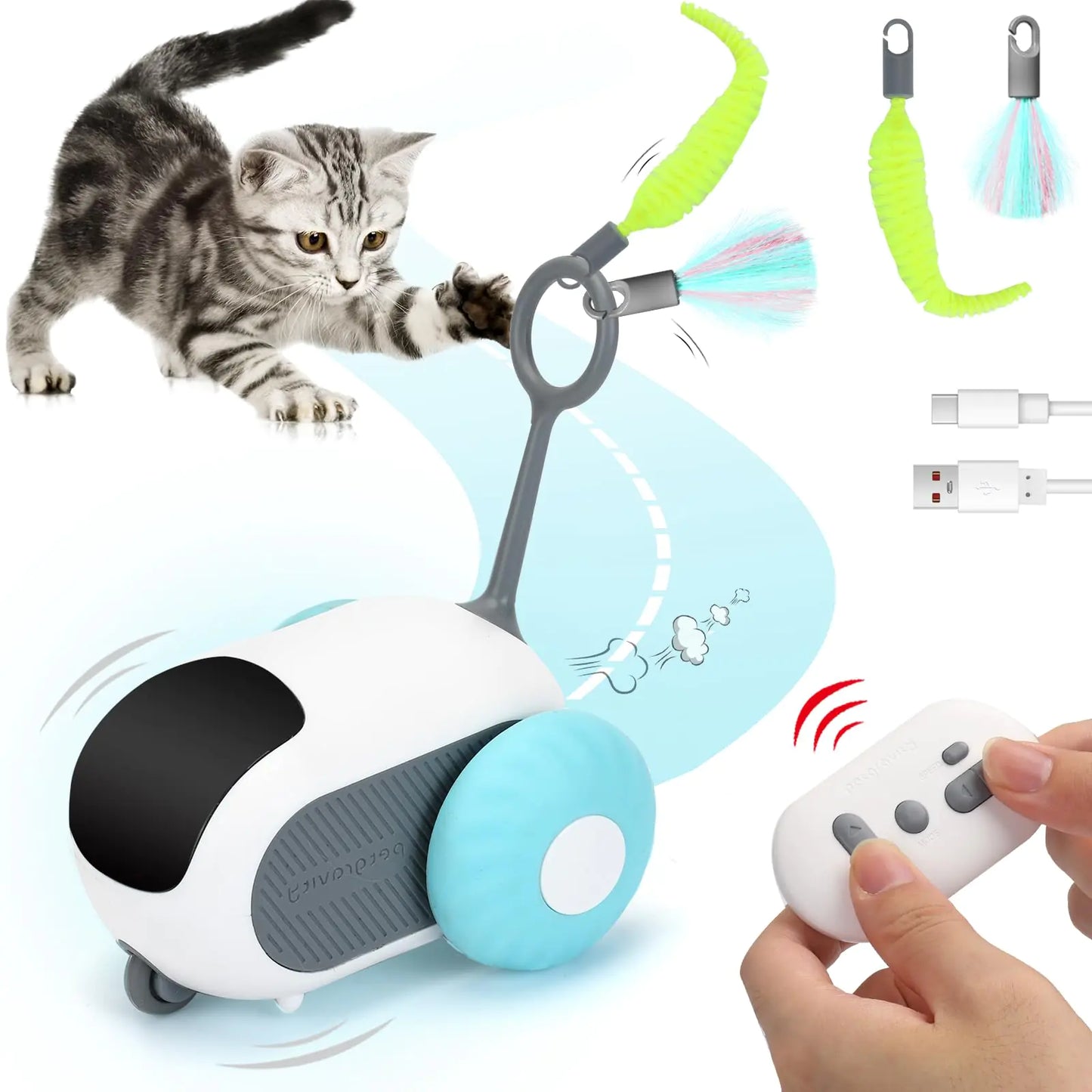 Turbo Tail 3.0 Cat Toy Remote Control Cat Toy with 2-Speed Adjustment Interactive Cat Toys for Indoor Cats Rechargeable Automatic Cat Toys Moving Cat Toy for Bored Indoor Adult Cat (Blue)