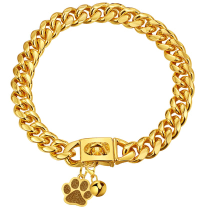 LuxLife Cuban Link Dog Collar Gold Chain Dog Collar 12mm with Secure Snap Buckle 18K Gold Dog Chain Collars Metal Stainless Steel with Dog tag & Bell for Puppy Small Medium Large Dogs(24")