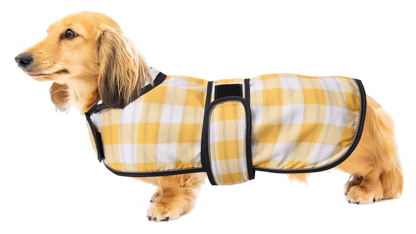 Dachshund Raincoat Waterproof Perfect for Dachshund Sausage Weiner Long Back Breeds with Reflective Stripe Rain Coat for Dogs Great Coverage in Autumn Winter - Yellow Plaid - S