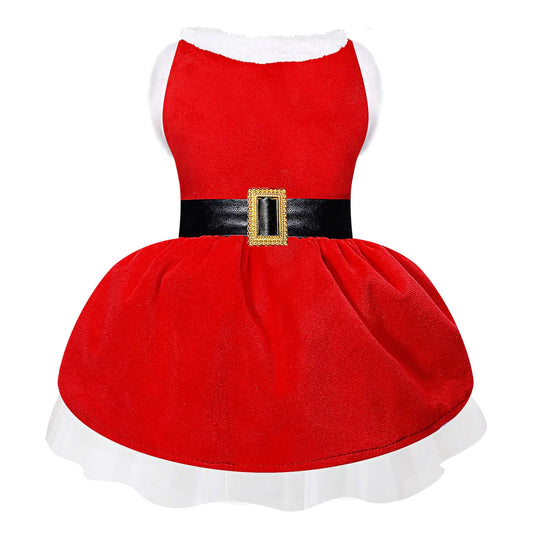 Dog Christmas Dress Santa Costumes: Puppy Girl Dresses Holiday Theme Doggie Xmas Apparel Party Skirts with Belt Winter Warm Christmas Dog Clothes Pet Cat Outfit (Red S)