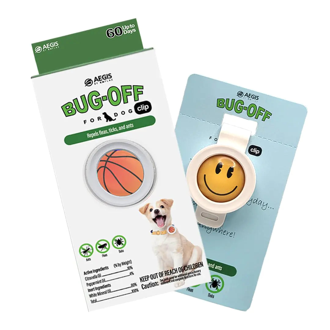Bug-Off Clip for Dogs [2 Pack] Repels Flea Tick & Ants for 60 Days Natural Flea and Tick Repellent Collar [Made in Korea] Aegis by KN FLAX (Basketball & Smile)