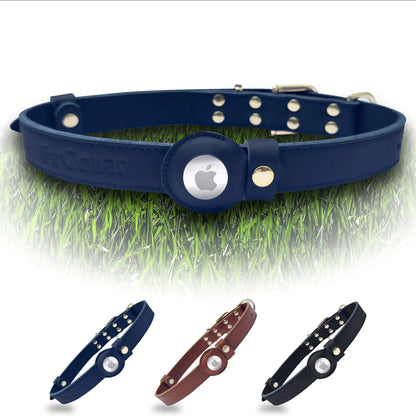 AirCollar Luxury Leather Dog Collar with Airtag Holder - Top-Grain Leather Natural Pet Collar Airtag Dog Collar Durable Airtag Collar Dog GPS Tracker (L: 0.9” Wide for 17” - 24.5” Neck Dark Blue)