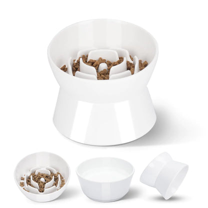 F FD Hub Tilted Raised Slow Feeder Bowl for Cats and Small & Medium Dogs Raised Design Improves Posture Spiral Inner Shape Prevents Fast Eating Dishwasher Safe 10 oz (White M-Dogs)