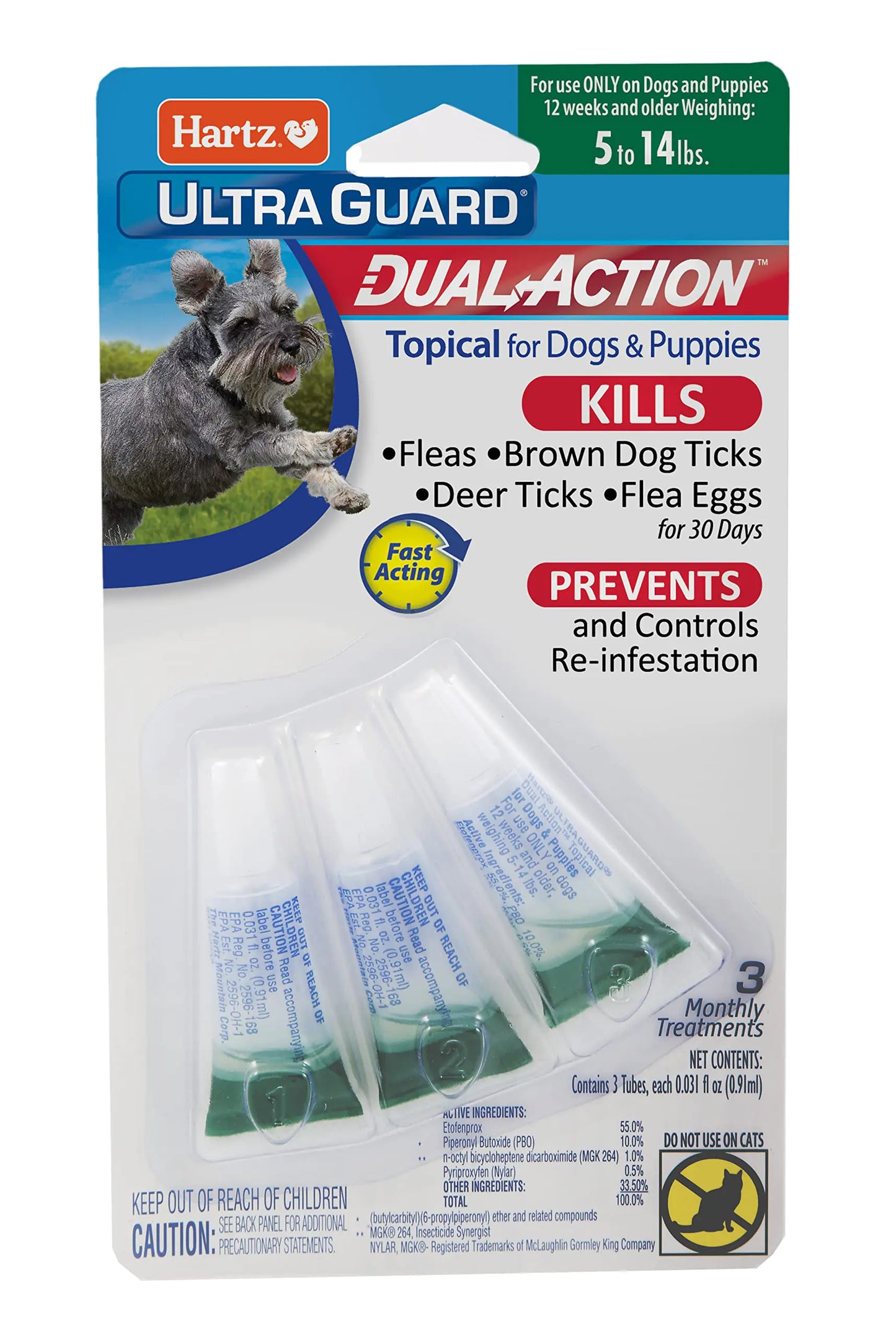 Hartz UltraGuard Dual Action Flea & Tick Topical Dog Treatment and Flea and Tick Prevention 3 Months 5-14 Pound Dogs(pack of 3)