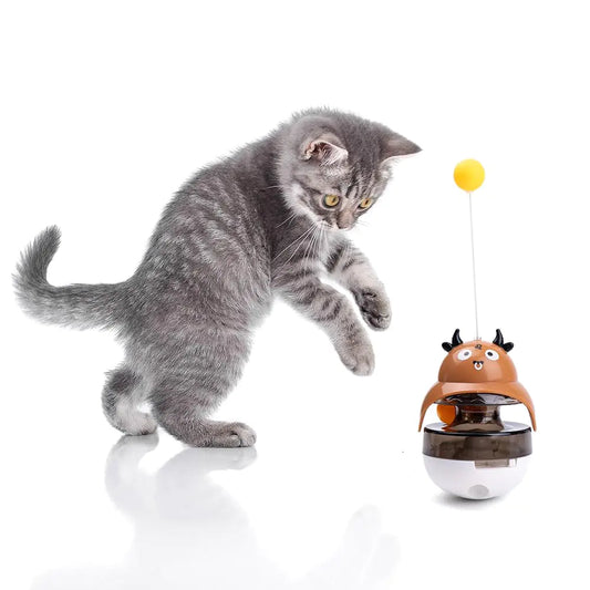 Wagably Cat Treat Puzzle Toy Auto-Balancing Pet Food Dispenser - Brain Stimulating - Slow Feeder - Boredom Relief Kitten Toys Interactive Training Toy for Indoor Bored Cats (Brown Cow)