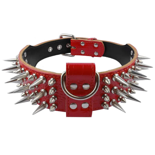 Pet Artist 2" Wide Luxury Genuine Leather Spiked Studded Dog Collars for Medium & Large DogsRedXLNeck for 21-24"