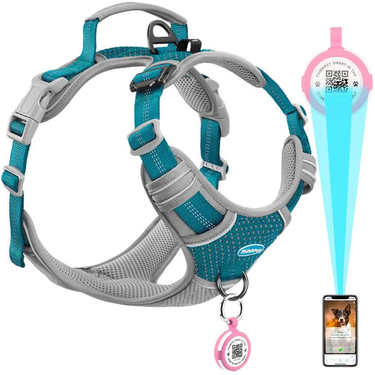 ThinkPet No Pull Harness for Small Medium Large Dogs with Airtags Holder Reflective Dog Harnesses with Dog QR Code Smart ID Tag Airtags Holder Harness Back/Front Clip for Easy Control Star Teal M