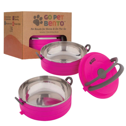 Healthy Human Travel Pet Bento Bowls - Human-Grade Stainless Steel & BPA-Free Leak-Proof Water & Food Container Set for Dogs & Cats 2-Pack Interlocking Bowls Includes Spare Clips & Handle (Pink)