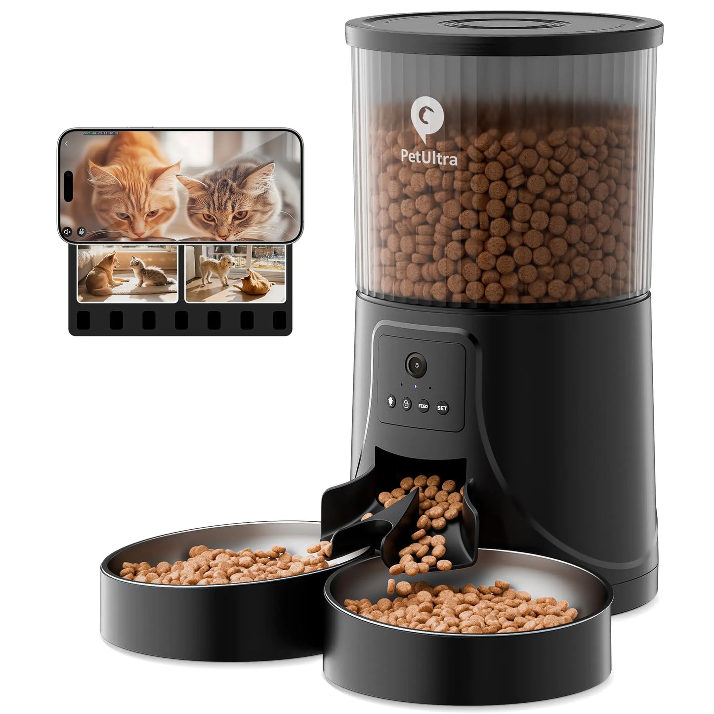 PETULTRA Automatic Cat Feeders for 2 Cats: Dual Cat Feeders with 2.4G WiFi App Remote Control and HD Camera| 2-Way Audio Time Auto Pet Feeder for Multiple Cats- Detachable Clean- with Desiccant Bag