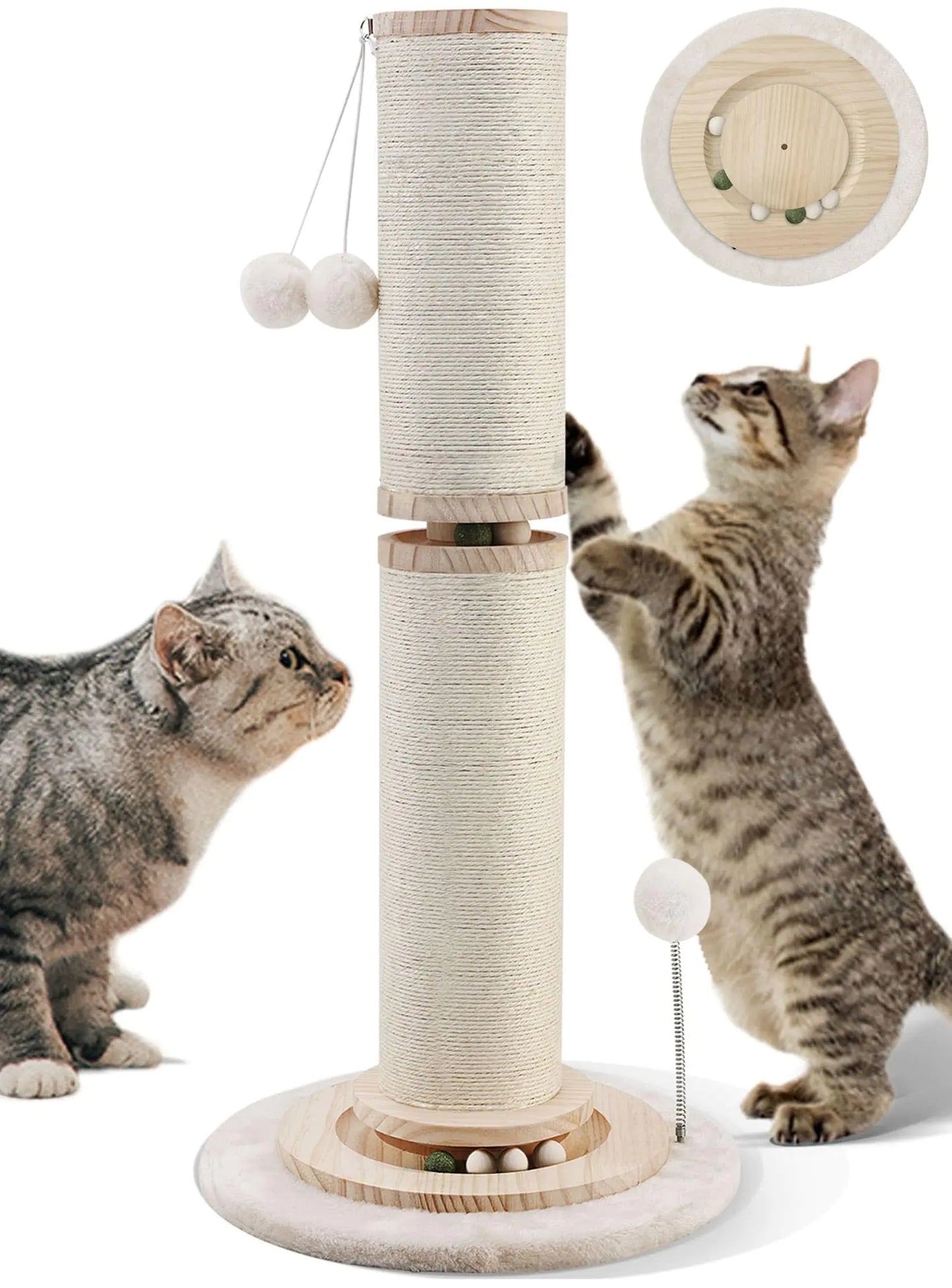 OTOB 32" Tall Cat Scratching Post 4.3Inch Large Diameter Natural Sisal Rope Scratcher Post 5-in-1 Interactive Turntable Cat Scratch Post with Soft Hanging Ball Toys for Indoor Large Cats Kittens