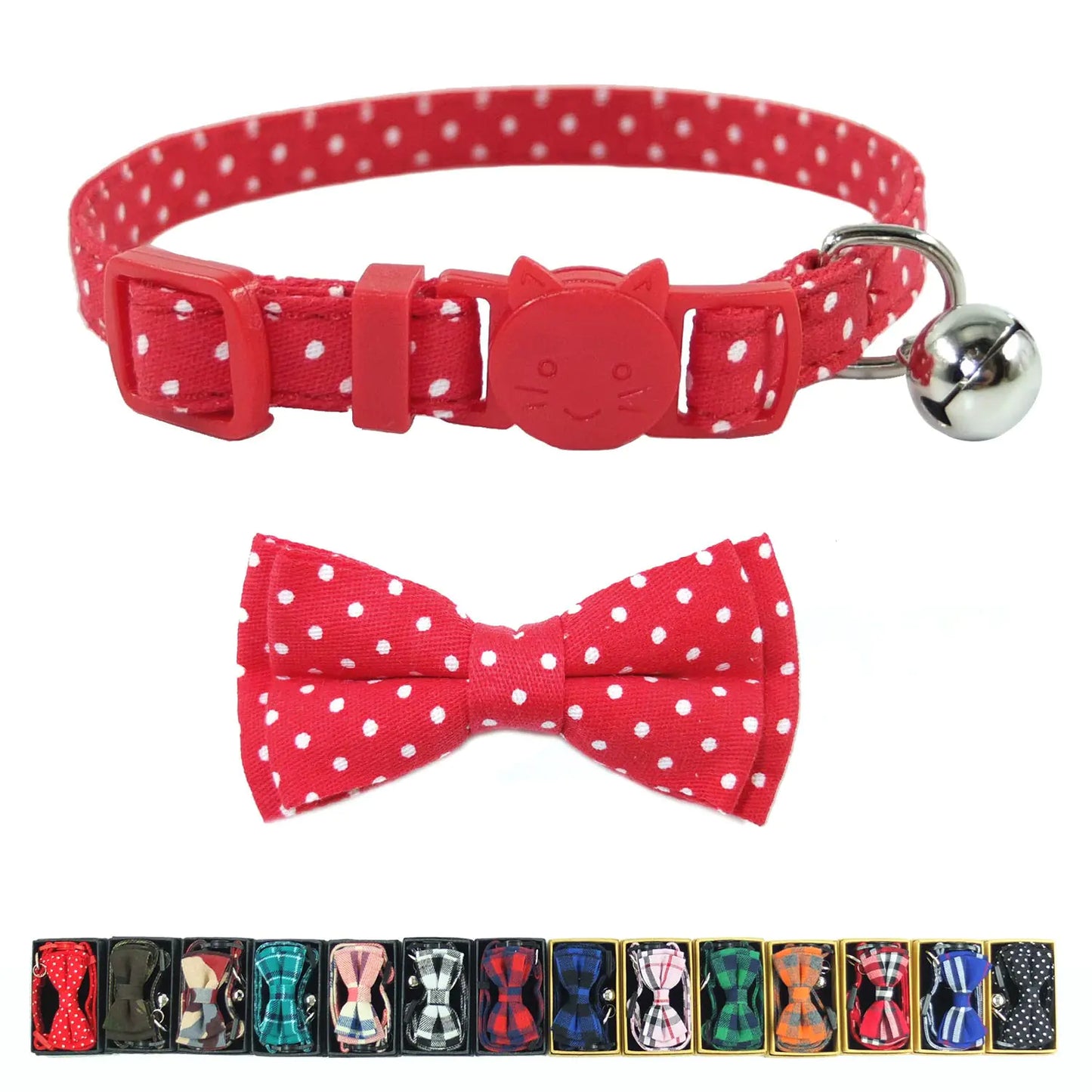 Cat Collar Breakaway with Bell and Bow Tie Plaid Design Adjustable Safety Kitty Kitten Collars(6.8-10.8in) (Red Dots