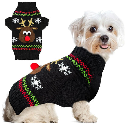 ABRRLO Dog Ugly Christmas Sweater Black Elk Xmas Dog Cat Outfit New Year Holiday Costumes Puppy Cat Sweater with Leash Hole for Small Medium Large Dogs Girl Boy Turtleneck Winter Warm Pet Clothes
