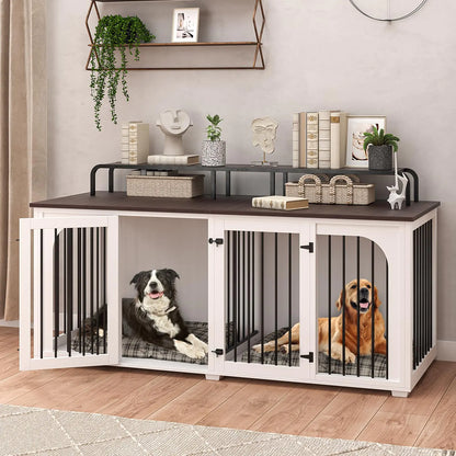 Large Dog Kennel Furniture for 2 Dogs74.8 XXL Wooden Double Dog Crates Cage Furniture Style with Divider for Large Breed with Storage Rack Shelf TV Stand Table IndoorWhite