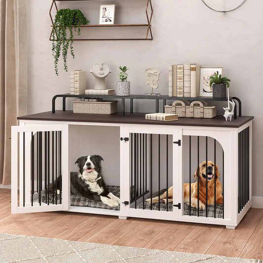 Large Dog Kennel Furniture for 2 Dogs74.8 XXL Wooden Double Dog Crates Cage Furniture Style with Divider for Large Breed with Storage Rack Shelf TV Stand Table IndoorWhite