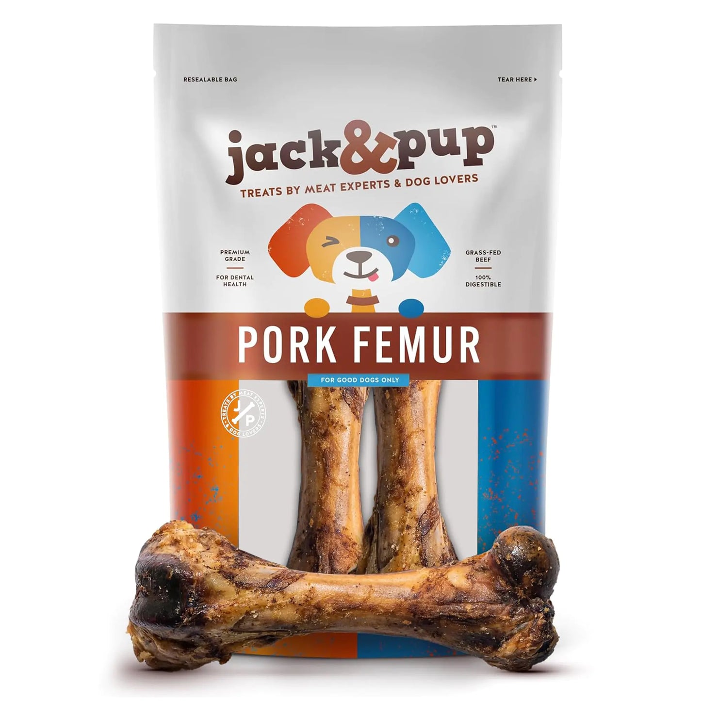 Jack&Pup Pork Femur Bones for Dogs Long Lasting | Gourmet Beef Dog Bones | Single Ingredient Savory Rawhide Free (2 Pack)