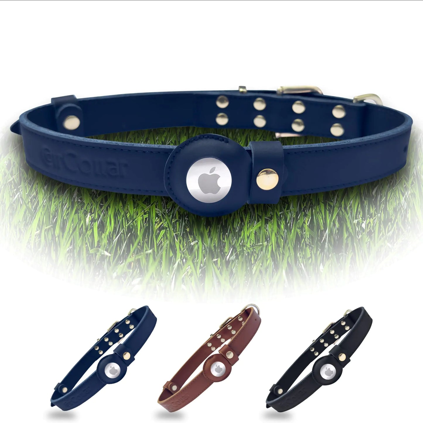 AirCollar Luxury Leather Dog Collar with Airtag Holder - Top-Grain Leather Natural Pet Collar Airtag Dog Collar Durable Airtag Collar Dog GPS Tracker (L: 0.9” Wide for 17” - 24.5” Neck Dark Blue)
