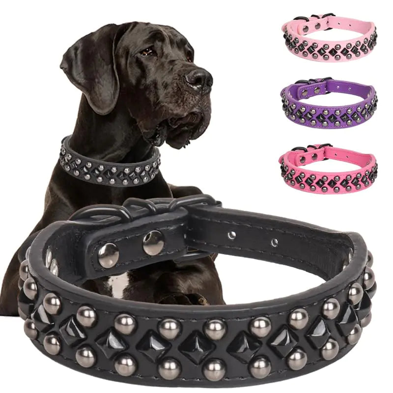 Pimaodog Studded PU Leather Dog Collars for Small Medium Large Dogs Pitbull Mastiff Labrador Boxer Rottweiler German Shepherd (Black L)