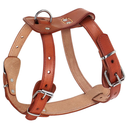 Beirui Genuine Leather Dog Harness - No Escape Harnesses for Small Dogs Pet Training Walking - Easy Adjustable Pug Frenchie Harness (Chest for 13-19" Brown)